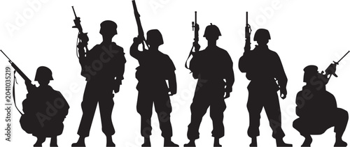 Fotografie Black silhouette set of soldiers in various poses, standing and marching black s