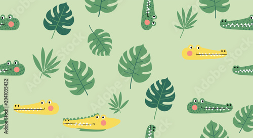 Seamless repeat pattern featuring cute green and yellow crocodile characters with tropical leaves for a fun jungle themed background.