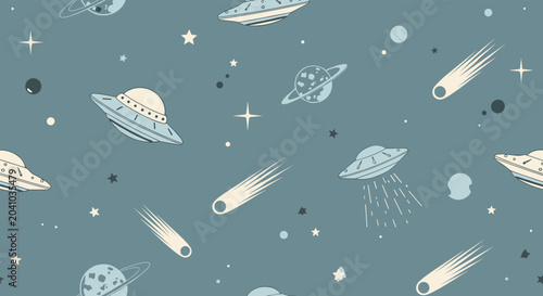 Seamless space pattern with different UFO spacecrafts, planets, stars, and comets on a muted blue background for kids rooms.