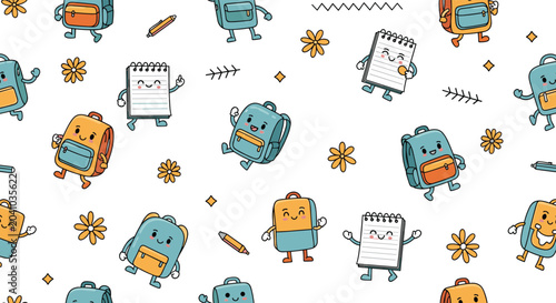 School themed seamless pattern with happy backpack and notepad characters along with pens and flowers for student stationery design.