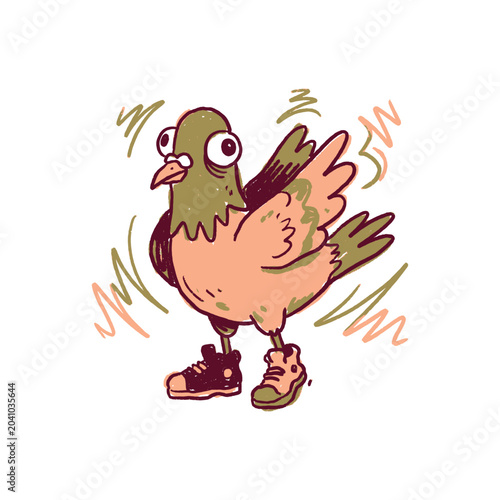 Wobbly Cartoon Bird Character Wearing Shoes.