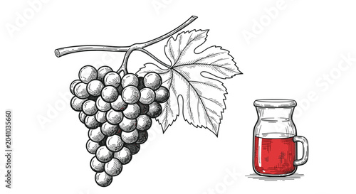Detailed engraving style illustration of a bunch of grapes on a leafy vine next to a glass jar filled with red grape juice for wine labels.