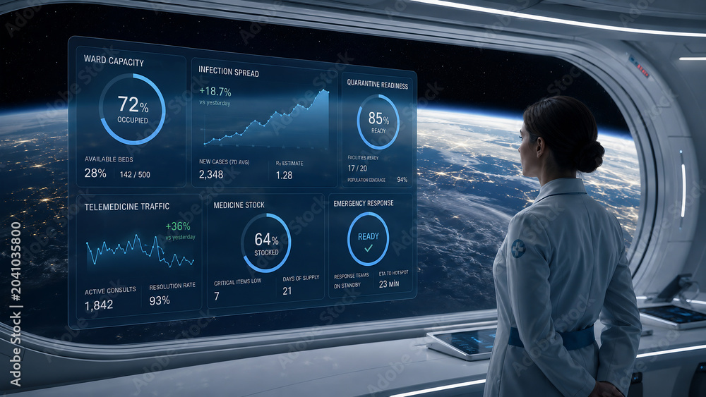 Futuristic Space Station Medical Officer Monitoring Global Health Data on Holographic Display