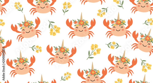 Adorable seamless pattern for children featuring smiling crabs wearing flower crowns and unicorn horns interspersed with yellow flowers.