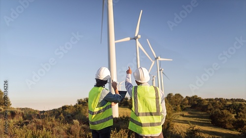Fotografía Renewable energy engineers planning wind farm development, discussing sustainabl