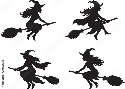 Tableau sur toile Halloween witch silhouettes flying on broomsticks
