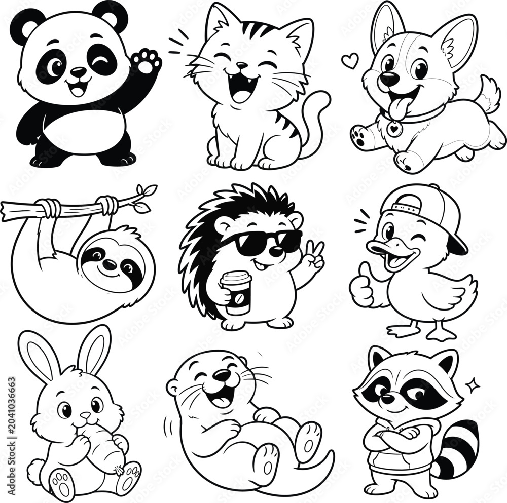 Fototapeta premium Cute Foods & Cute Animals Sticker Collection featuring adorable cartoon food items and lovable animal characters in a fun sticker style. Perfect for kids' projects, planners, social media, and brandin
