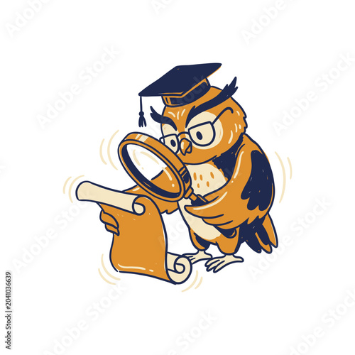 Cartoon owl scholar with magnifying glass and diploma.
