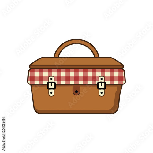 Illustrated picnic basket with checkered cloth cover.