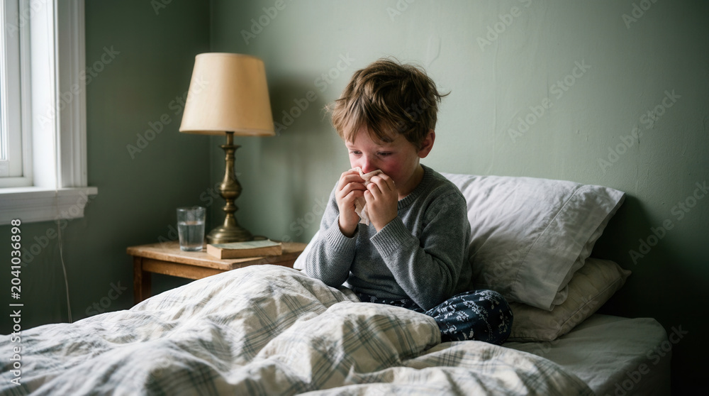 Fototapeta premium A Sick Child Comforts Himself While Remaining Wrapped In A Warm Bedding