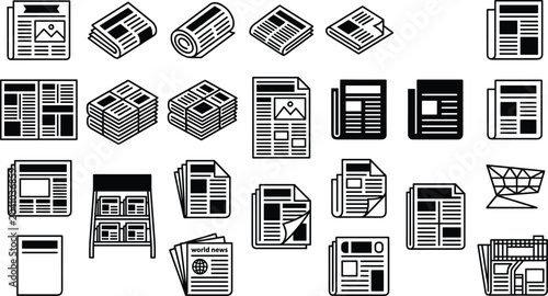 Photos Newspaper and Media Icon Set with Isometric News Bundles Paper Stacks Article La