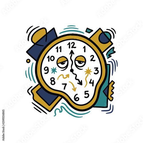 Cartoon melting clock with sleepy tired expression.