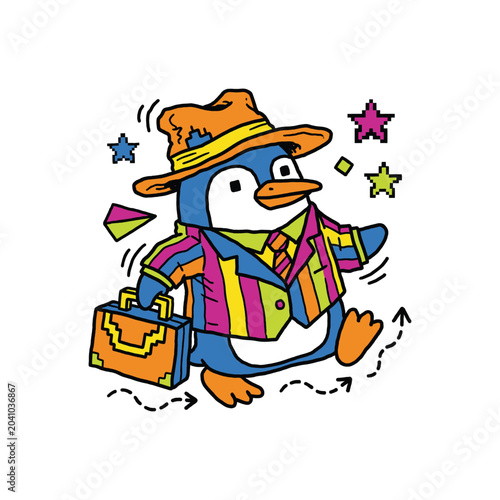 Colorful Cartoon Penguin Wearing Suit and Hat.