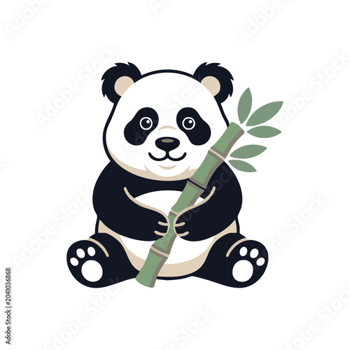 Cute Cartoon Panda Holding Bamboo Branch.