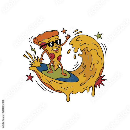 Happy Pizza Slice Surfing a Cheesy Wave.