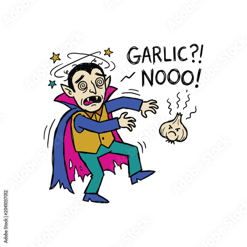 Startled cartoon vampire recoiling from garlic bulb.