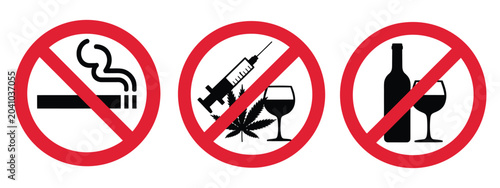 Foto Prohibition sign icon set featuring no drugs, no smoking, no vaping, and no alco