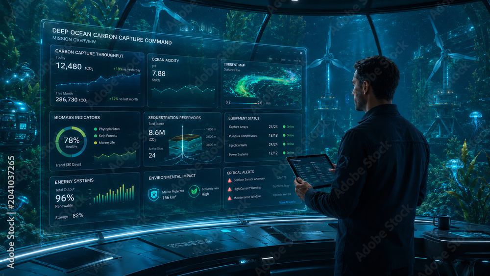 Futuristic Underwater Carbon Capture Command Center with Digital Interface