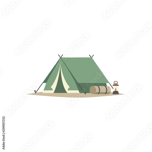 Green Camping Tent with Outdoor Gear Illustration.