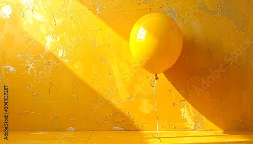 Bright Yellow Balloon Floating Against Textured Yellow Wall in Sunlight