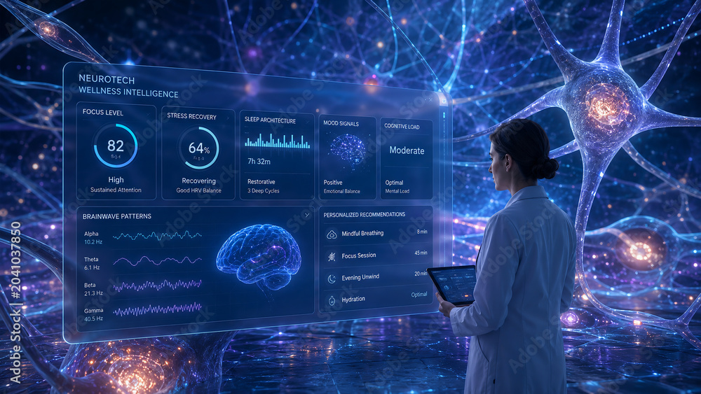 Female scientist analyzing brain activity and mental wellness data on a futuristic holographic interface