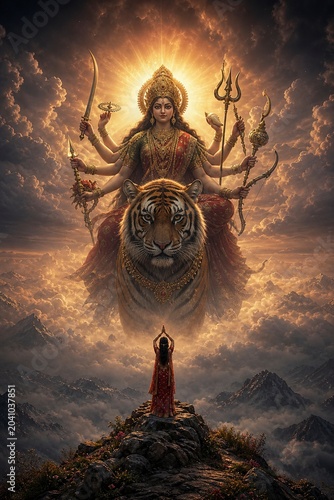 Divine Shakti Aura with Goddess Durga and Devotee Silhouette