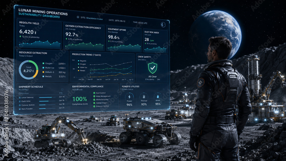 Futuristic Lunar Mining Operation with Digital Sustainability Dashboard