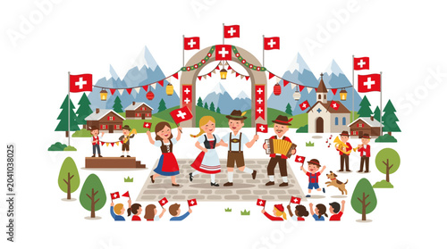 Tableau sur toile Group of people dancing and playing music in traditional Swiss folk costumes
