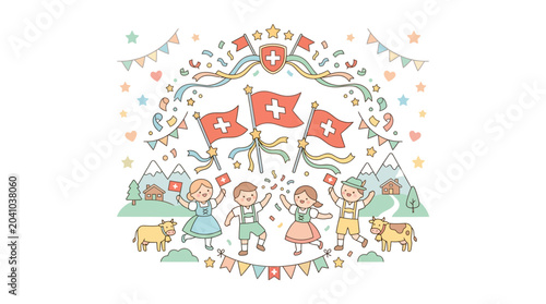 Fotografía Happy children in Swiss traditional clothing celebrating Switzerland National Day