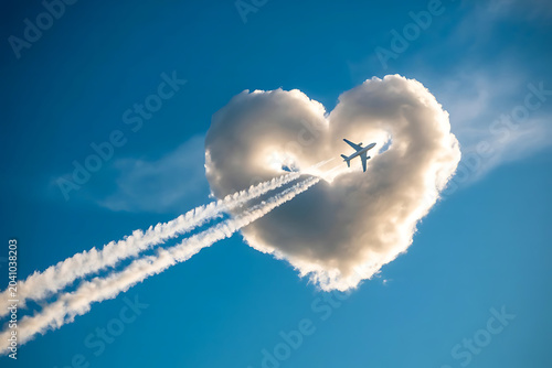 Airplane Flying Through Heart Shaped Cloud Backlit by Sun in Clear Blue Sky Love and Travel Concept