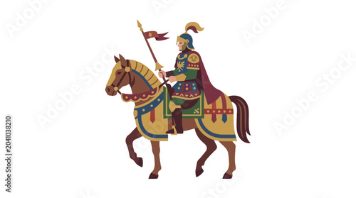 Schilderij op canvas Medieval knight in ornate armor riding a decorated warhorse.