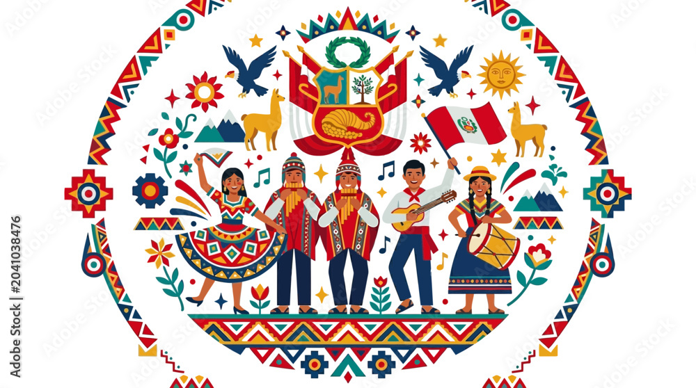 Fototapeta premium Peruvian traditional culture illustration with dancers and musicians.