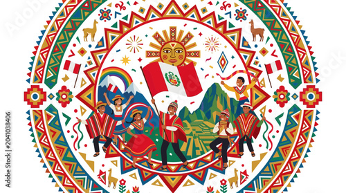 Fotografia Peruvian culture illustration with people in traditional clothing and flag