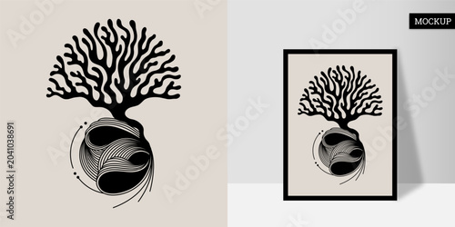 Мinimalist vector poster featuring an abstract tree and flowing organic lines. Contemporary graphic composition in boho and Scandinavian minimalist style for interior decor, print, posters, wall art.

