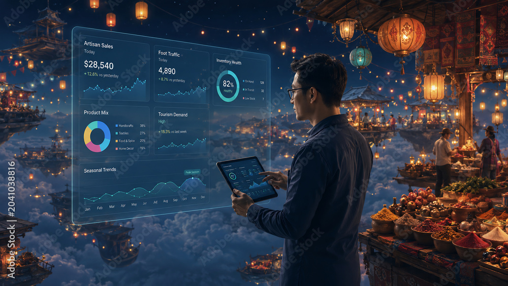 Businessman analyzing futuristic digital data dashboard in an Asian fantasy market
