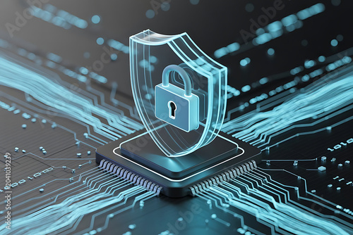 Holographic Security Shield with Padlock on Circuit Board Cybersecurity and Data Protection Concept