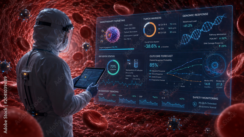 Scientist in Hazmat Suit Analyzing Nanotherapy Cancer Treatment Data on Futuristic Digital Screen