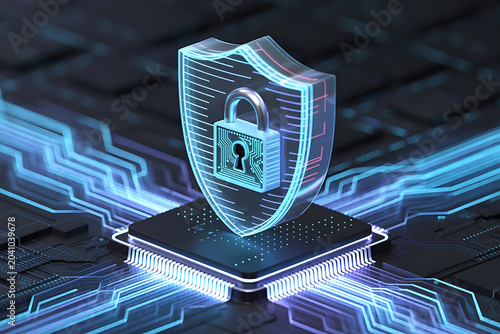 Holographic Transparent Security Shield with Circuit Padlock on Glowing CPU Chip Cybersecurity Concept