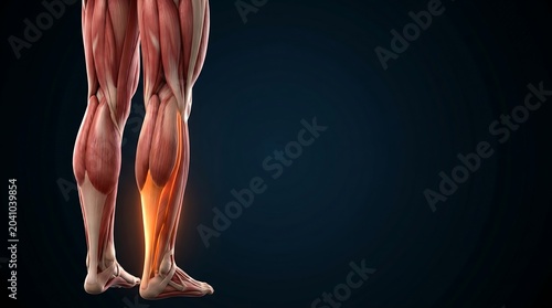 3D anatomical illustration of human lower leg muscles with a highlighted achilles tendon muscle, for human muscular education.