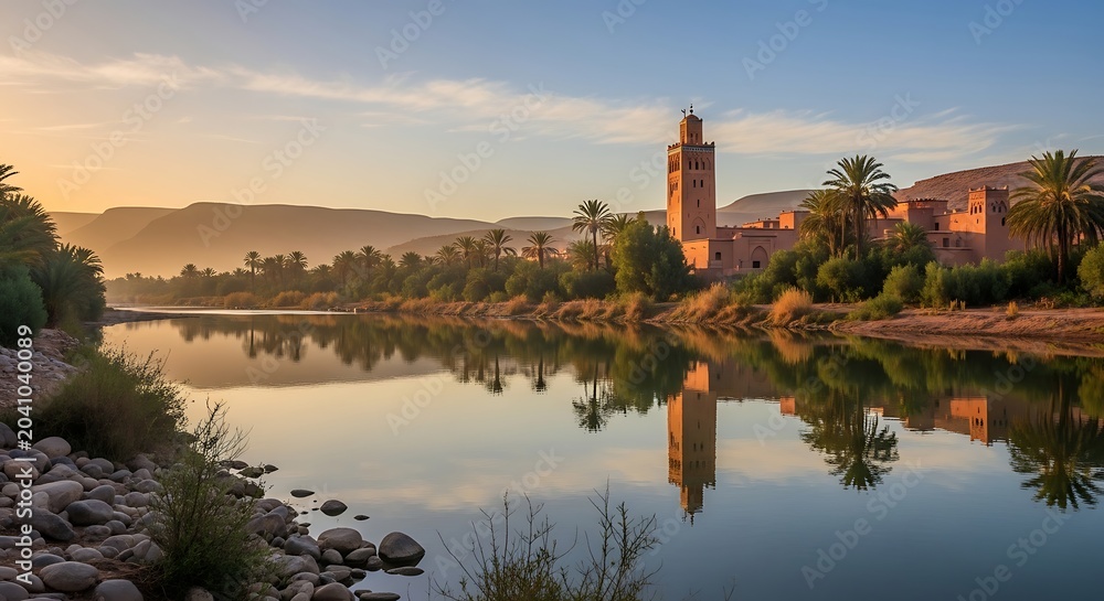 Fototapeta premium Historic Riverside Mosque Tower Reflecting in Calm Desert Oasis at Sunset