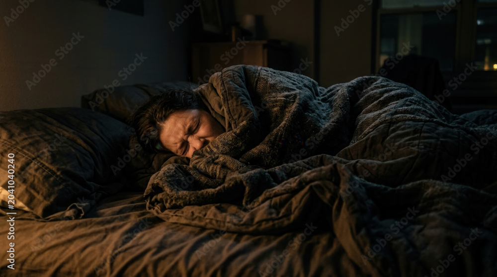 Fototapeta premium A Person Encased Under Warm Blanket Is Sleeping in Dark Room, Dramatic Tone