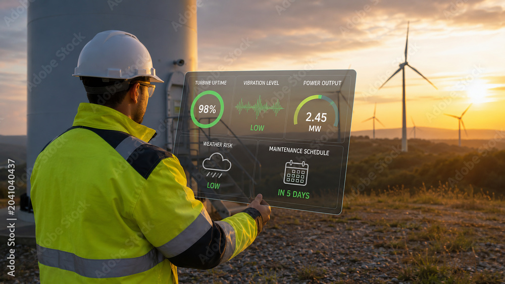 Engineer monitoring wind turbine performance via futuristic digital tablet at sunset