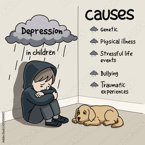 Mental health infographics. Social illustration. Causes of depression in children. Vector illustration.
