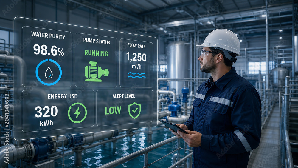 Engineer monitoring water treatment plant with futuristic digital HUD interface