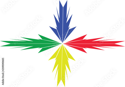 Abstract Colorful Geometric Starburst Compass Shape with Symmetrical Sharp Spikes, Rainbow Gradient Decorative Mandala, Modern Vector Style Isolated on White Background for Creative Design, Logo, Bran