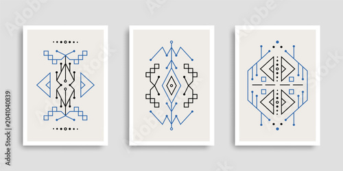Set of three geometric vector wall prints with ethnic patterns in blue and black. Modern abstract posters for interior design, home, and office in Scandinavian style. Vector illustration.