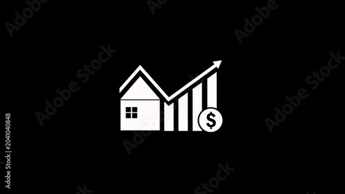 House investment growth icon with dollar sign animation on a black background. Home real estate property value icon. Dollar sign with up arrow inside house icon with alpha channel
