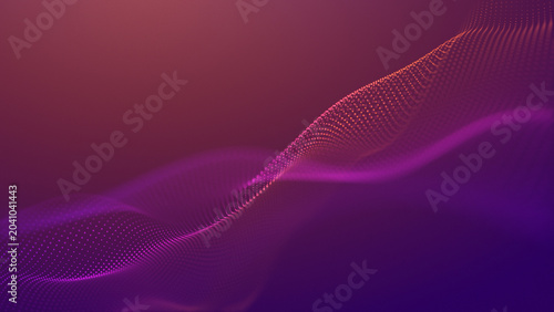 Abstract flowing particle wave made of glowing dots. Pink magenta neon gradient surface. Soft digital mesh landscape with smooth light curves. Futuristic data field purple background Futuristic