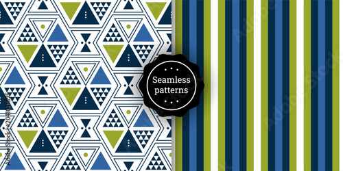 Set of vector seamless patterns with geometric triangles and stripes in a blue-green palette. Modern abstract ornaments for textiles, packaging, wallpaper, backgrounds, and decor.