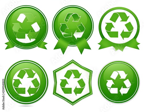 Green Recycling Symbol Badge Set Arranged on White Background
